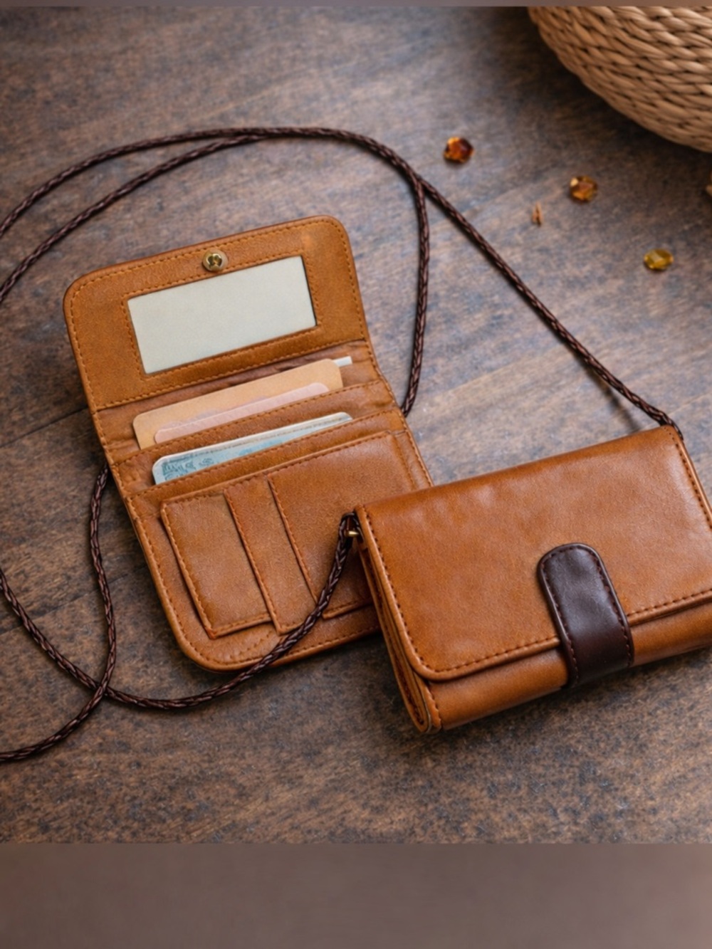 Vintage Mini Crossbody Wallet Purse Honey Brown Faux Leather Snap Closure